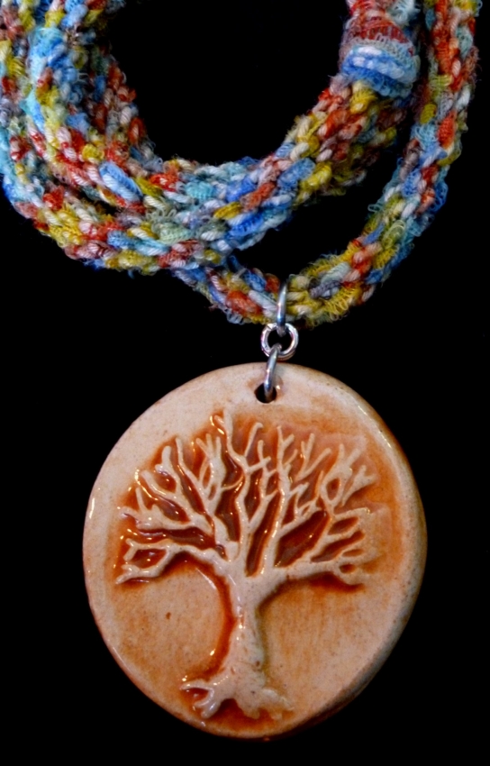 Beachy &amp; Fun Handmade Pottery Tree Pendant on Rainbow 