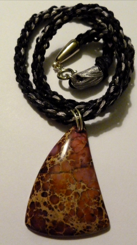 Pink Jasper Pendant on Black Cotton Cord &amp; Ribbon Kumihimo 